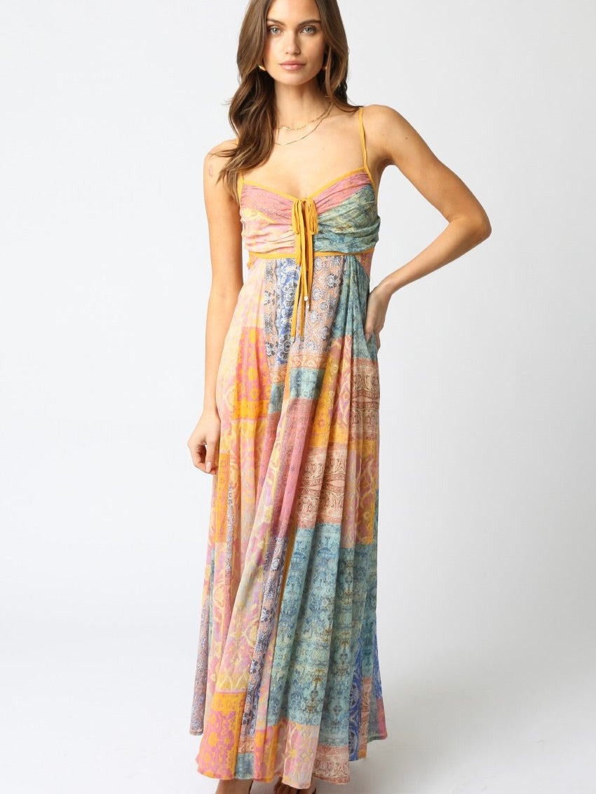 V-neck Printed Lace-up Loose Sleeveless Sling Dress