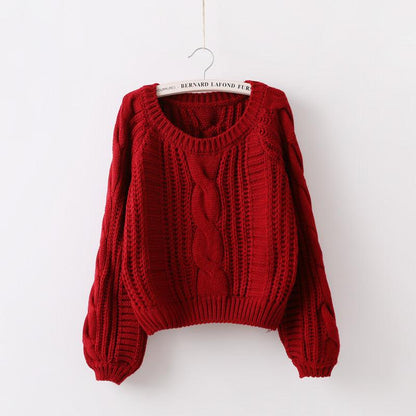 Pullover Loose Thick Line Short Puff Sleeve Sweater.