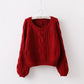 Pullover Loose Thick Line Short Puff Sleeve Sweater.
