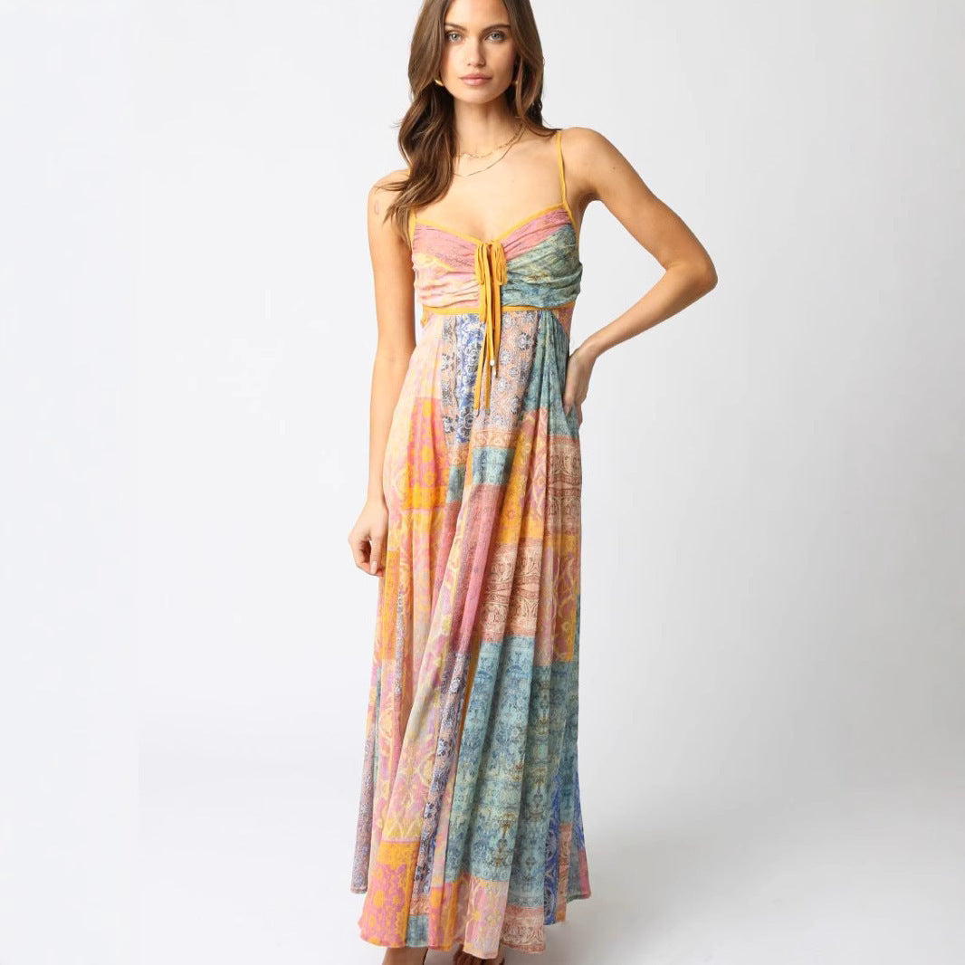 V-neck Printed Lace-up Loose Sleeveless Sling Dress