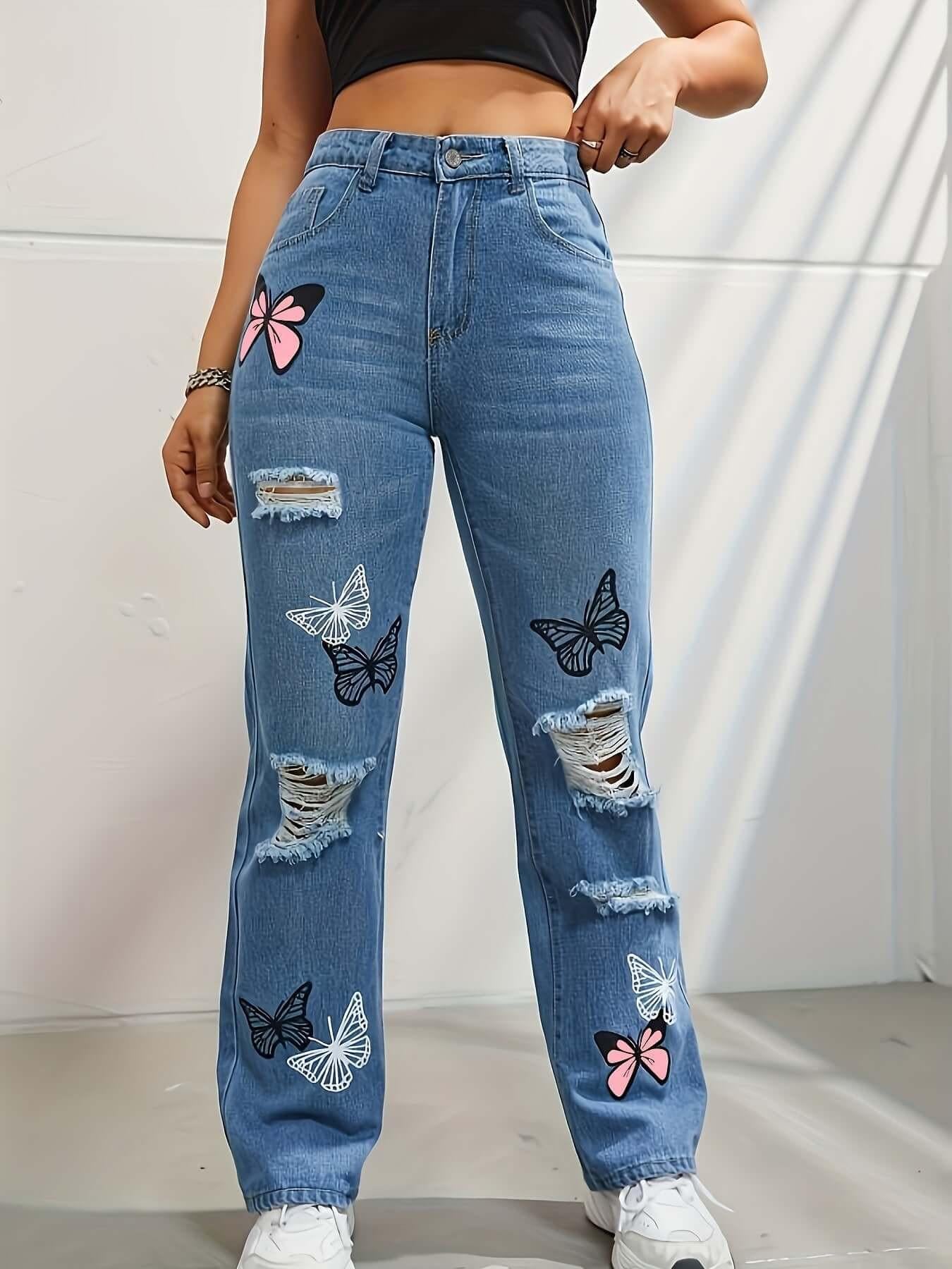 High Waisted Straight Leg Jeans For Women Trendy Butterfly Print Ripped Distressed Denim Pants.
