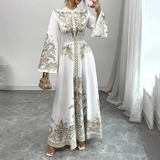 Elegant High-Neck Floral Maxi Dress - Long Flowy Sleeves, Modest A-Line Middle Eastern Style Gown Vacation & Party Dress For Women