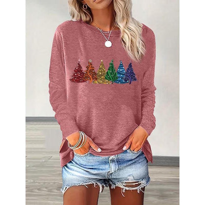 Christmas Shirts For Women, Cute Christmas Tree Graphic Long Sleeve T-Shirt, Funny Holiday Xmas Top For Party, Family Matching PJ Outfit.