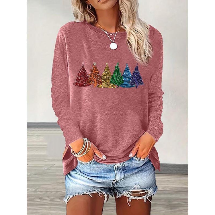 Christmas Shirts For Women, Cute Christmas Tree Graphic Long Sleeve T-Shirt, Funny Holiday Xmas Top For Party, Family Matching PJ Outfit.