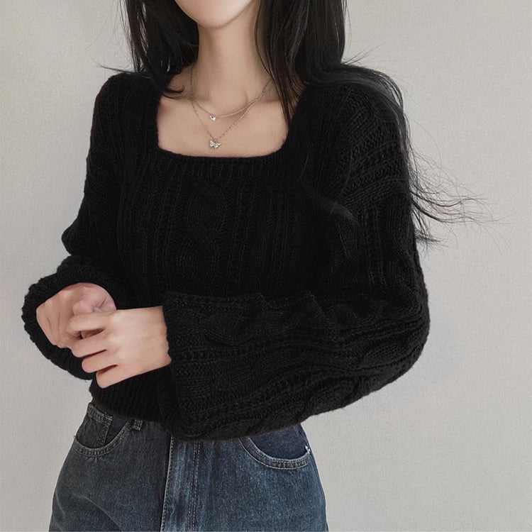 , Idle Style Solid Color Lantern Sleeve Square Collar Pullover Sweater.