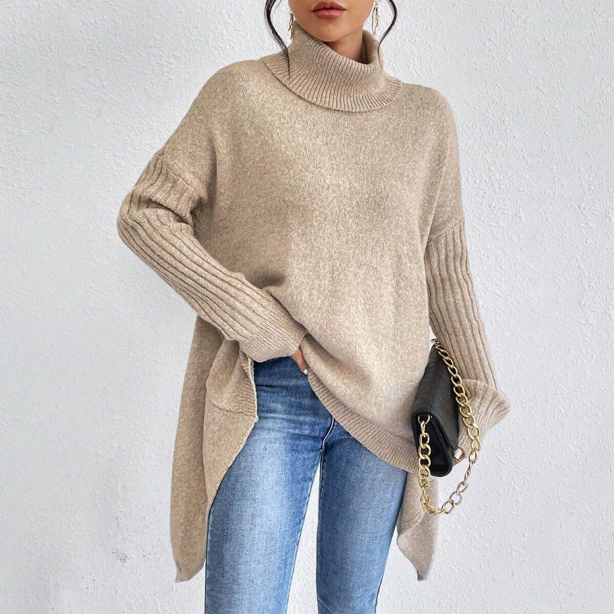 Irregular Turtleneck Sweater Winter Loose Long Sleeve Knitted Tops Leisure Warm Pullover Sweater Women&