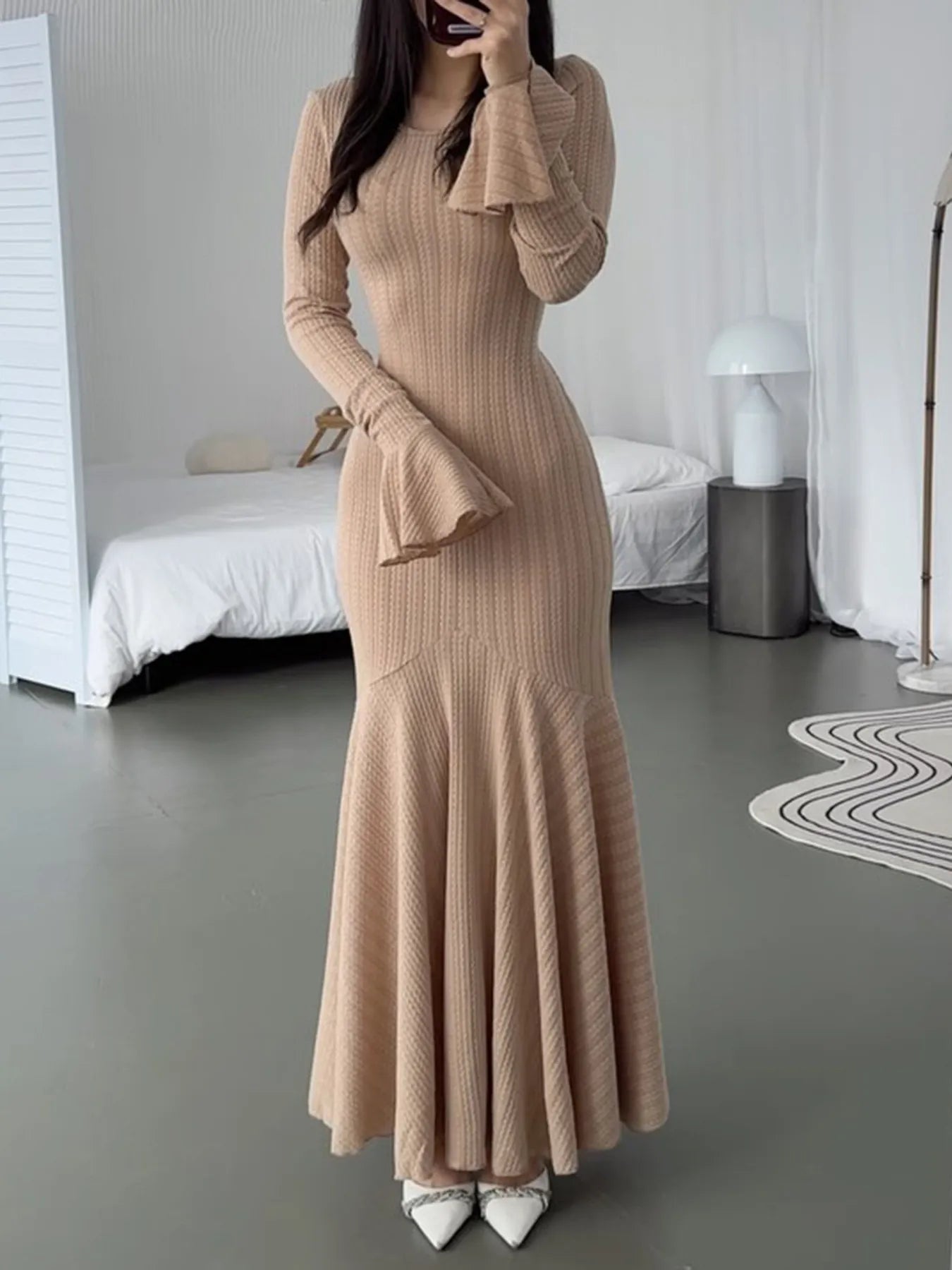 Elegant Ribbed Long Sleeve Mermaid Sweater Dress.