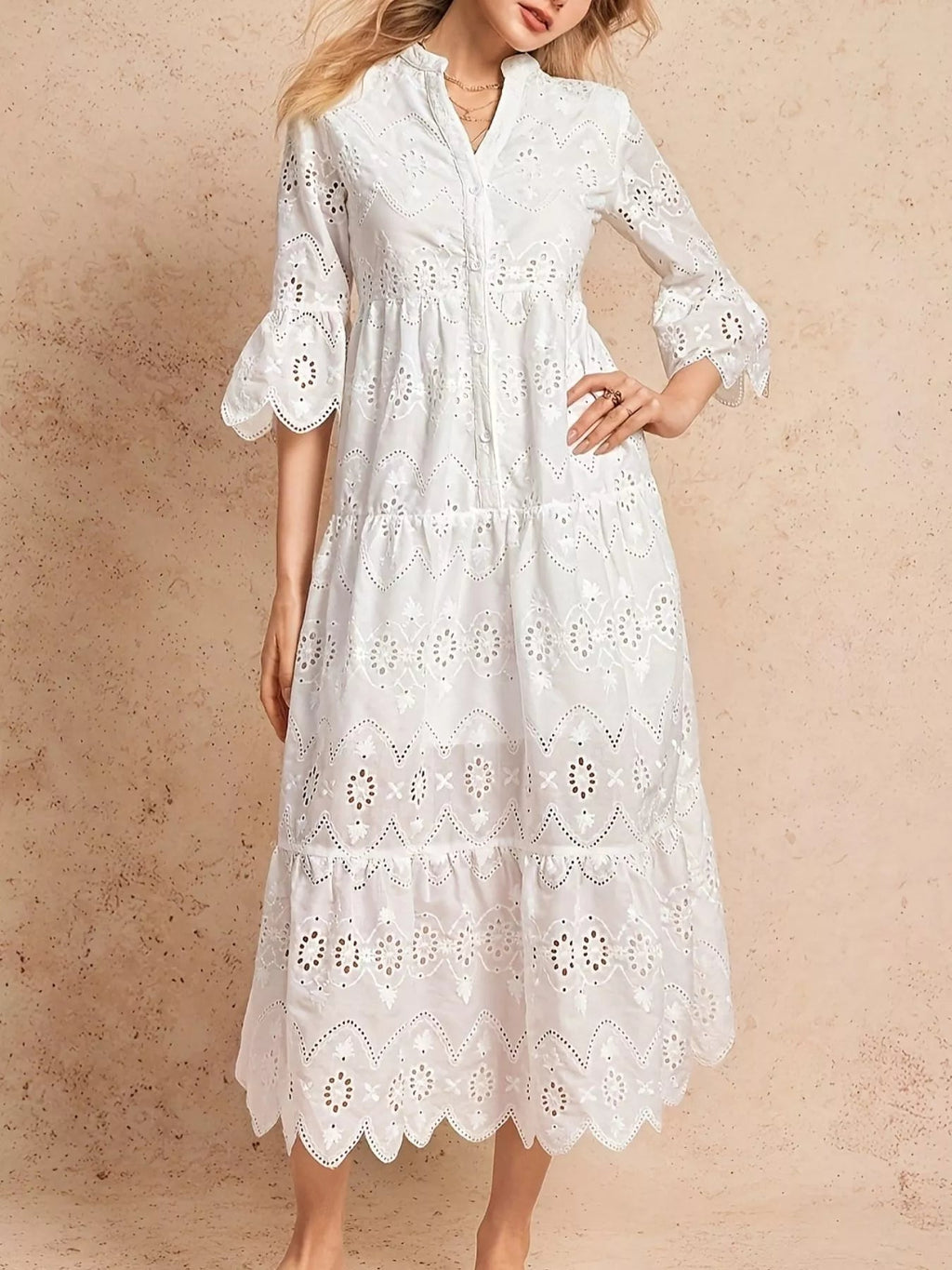 Eyelet Notched Tiered Midi Dress.