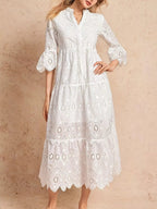 Eyelet Notched Tiered Midi Dress.