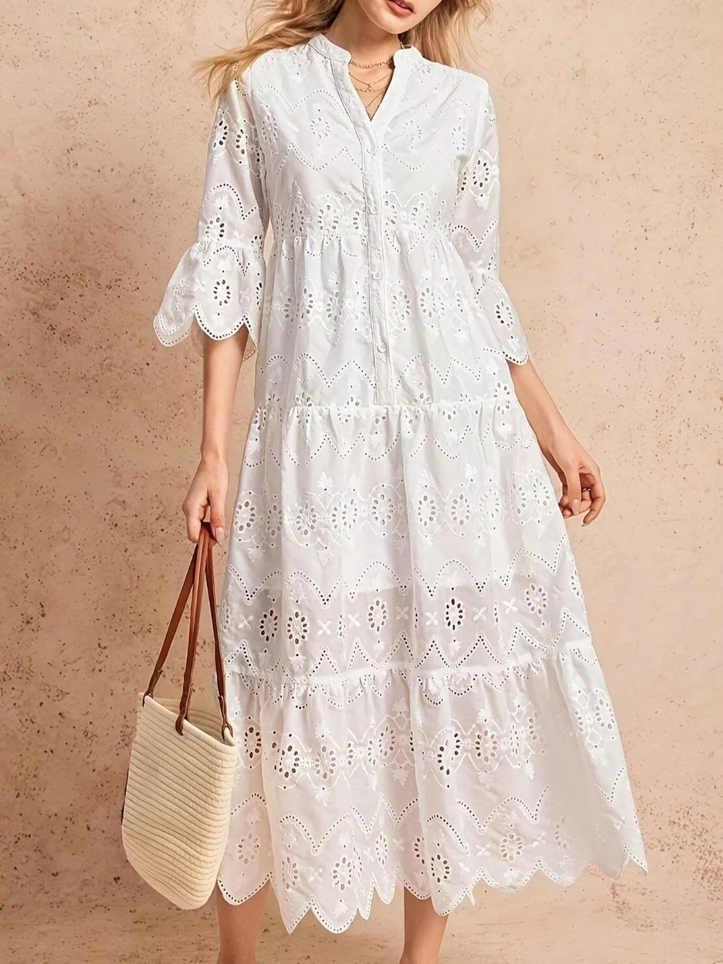 Eyelet Notched Tiered Midi Dress.