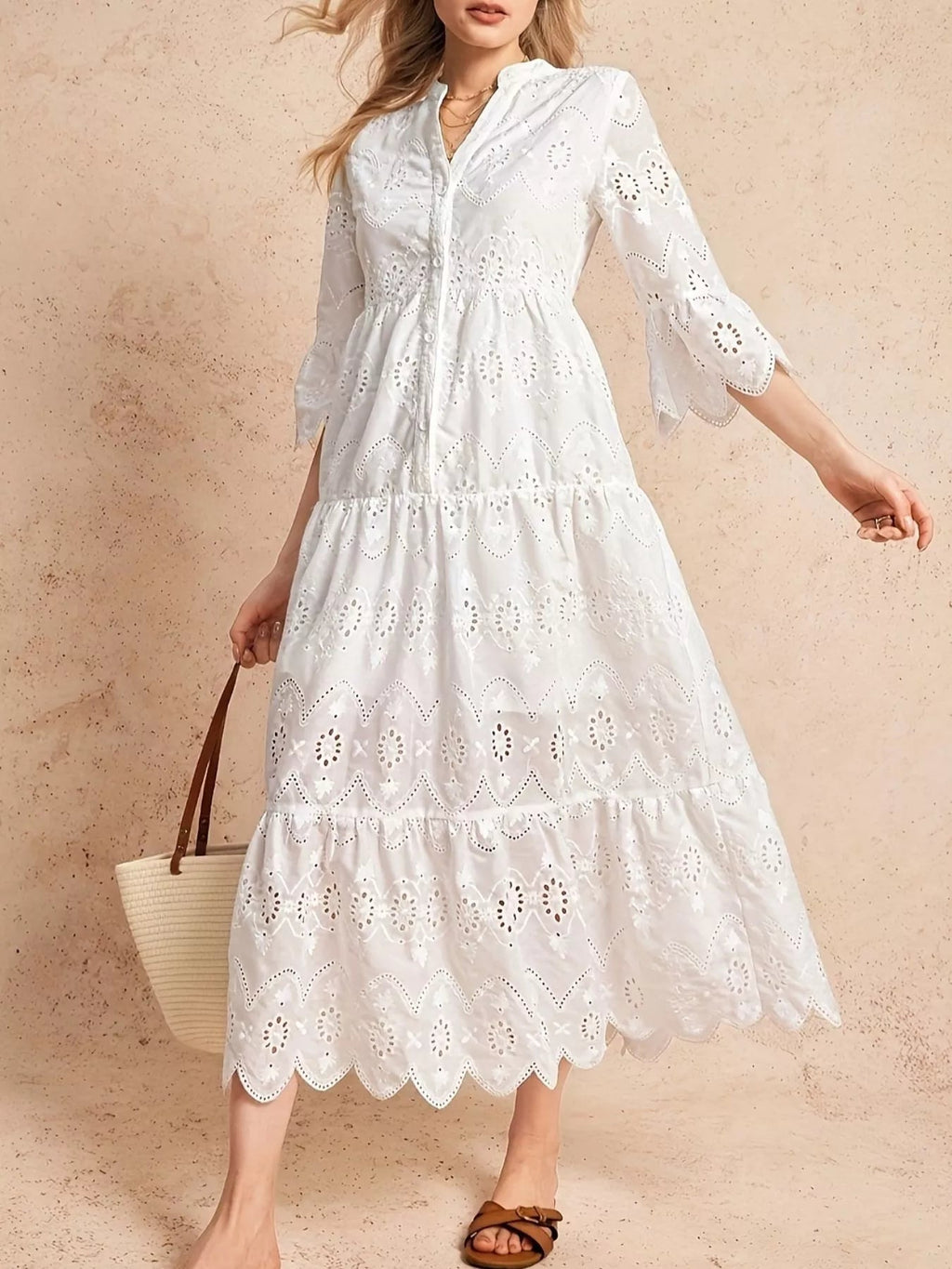 Eyelet Notched Tiered Midi Dress.
