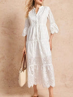 Eyelet Notched Tiered Midi Dress.