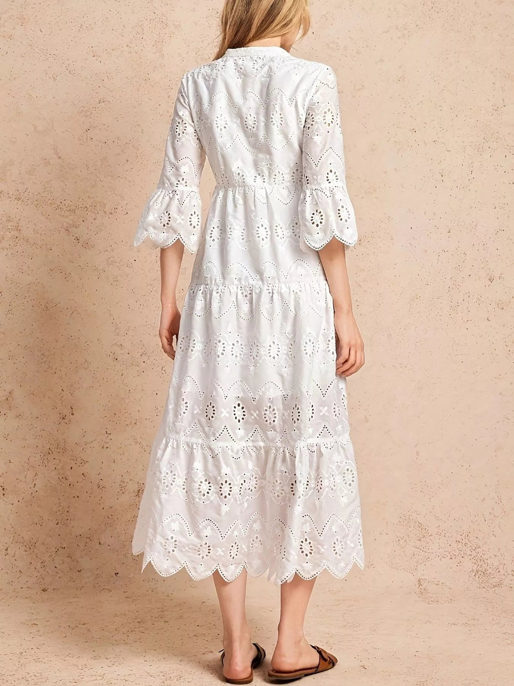 Eyelet Notched Tiered Midi Dress.
