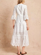 Eyelet Notched Tiered Midi Dress.