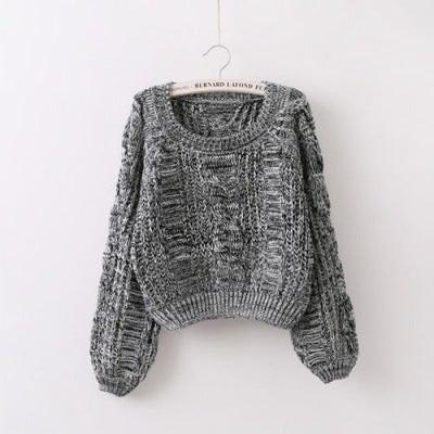 Pullover Loose Thick Line Short Puff Sleeve Sweater.