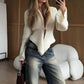 Elegant Irregular Hem Cardigan Sweater For Women Knitted Long Sleeve V Neck Trendy Open Front Sweaters.