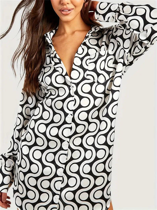 Allover Print Single-breasted Shirt, Casual Long Sleeve Patched Pocket Shirt For Spring & Fall, Women&