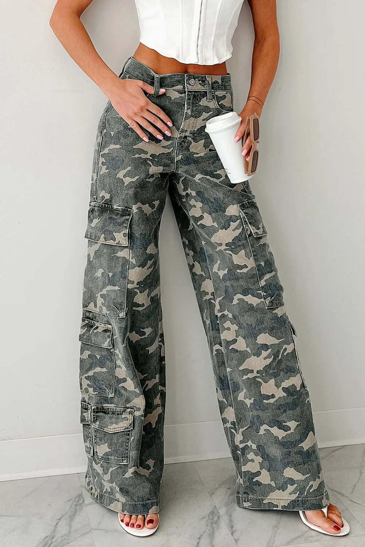 Stylish green camo denim cargo pants showcasing rugged durability and contemporary urban fashion.