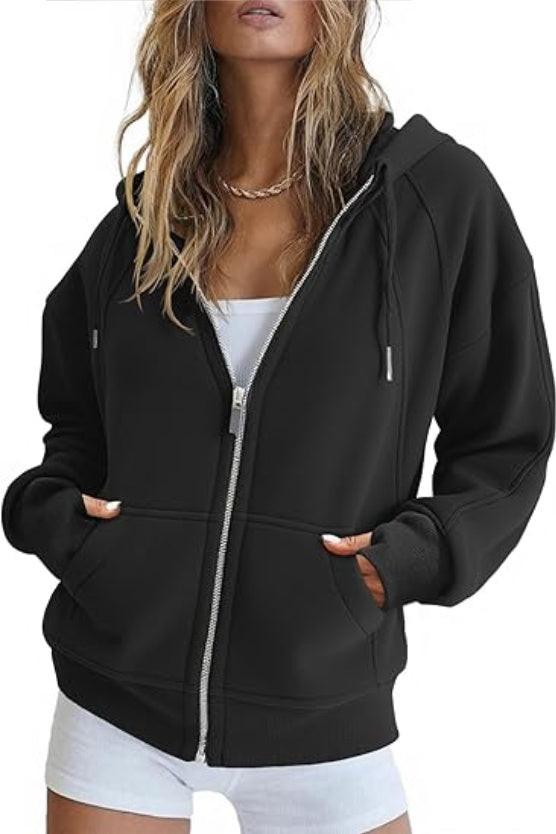 Fisoew Womens Zip Up Sweatshirts Fleece Lined Collar Crop Hoodie Casual Cotton Long Sleeve Tops With Thumb Hole.