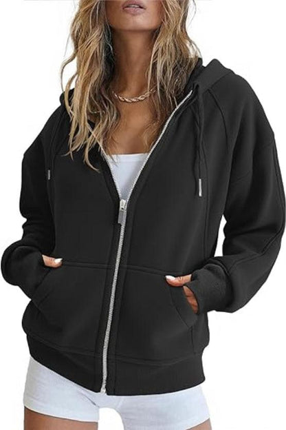 Fisoew Womens Zip Up Sweatshirts Fleece Lined Collar Crop Hoodie Casual Cotton Long Sleeve Tops With Thumb Hole.