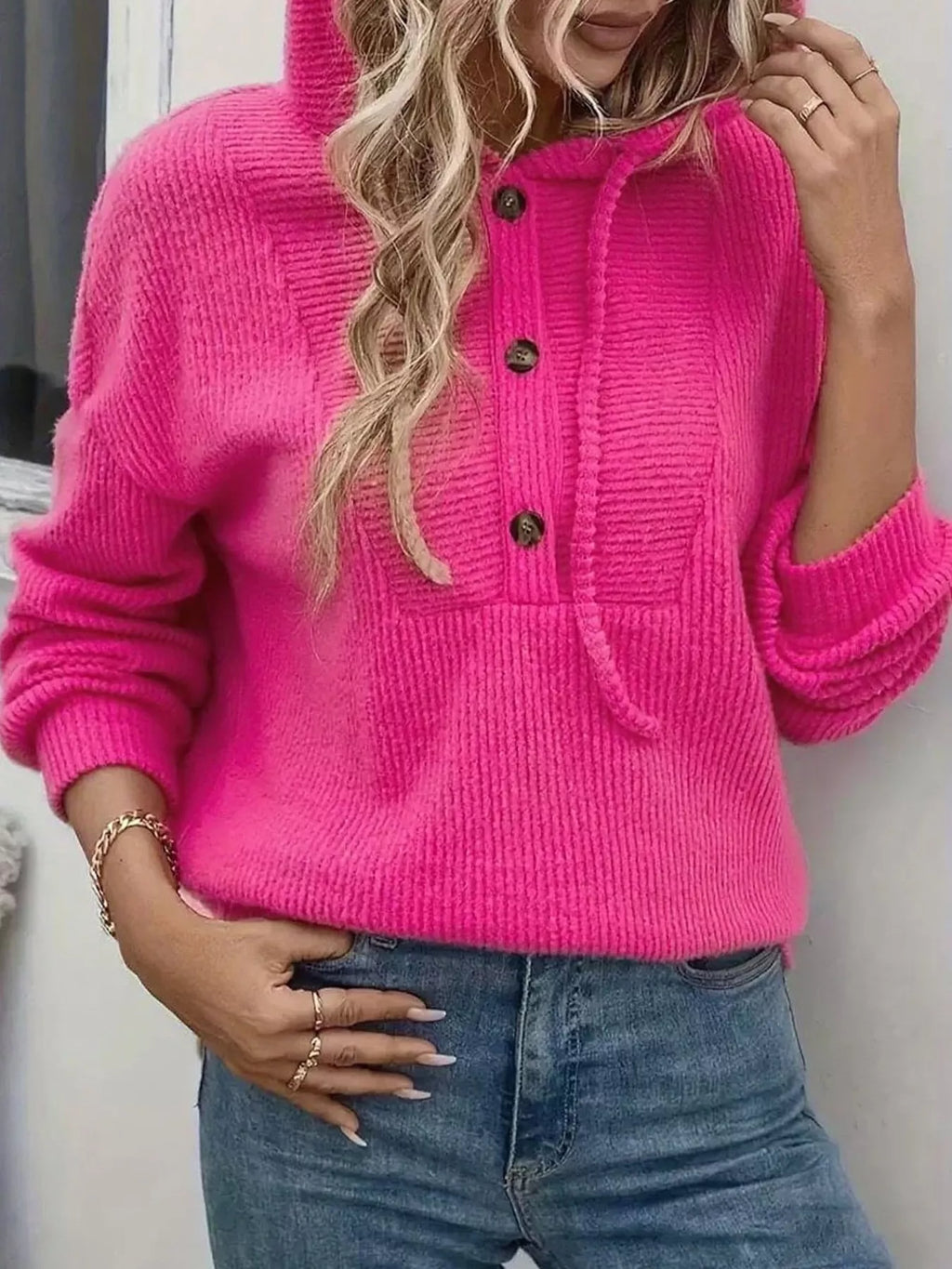 Button-Front Drawstring Hoodie.