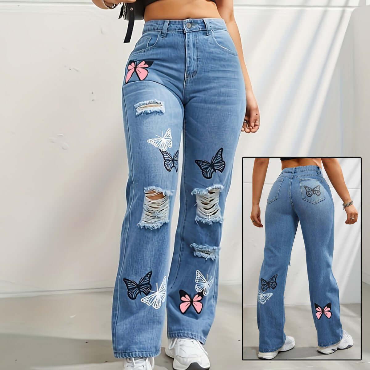 High Waisted Straight Leg Jeans For Women Trendy Butterfly Print Ripped Distressed Denim Pants.