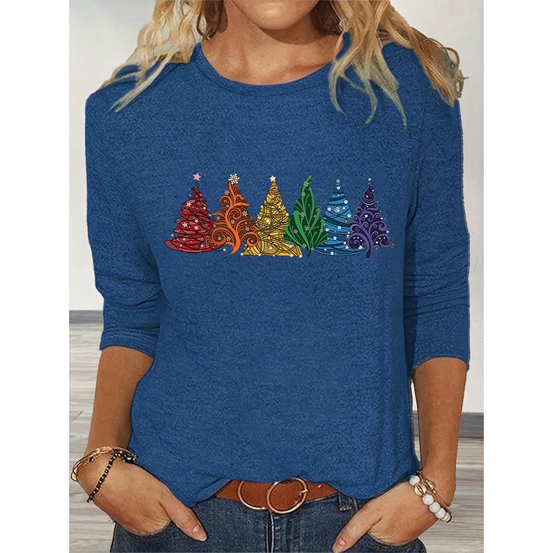 Christmas Shirts For Women, Cute Christmas Tree Graphic Long Sleeve T-Shirt, Funny Holiday Xmas Top For Party, Family Matching PJ Outfit.