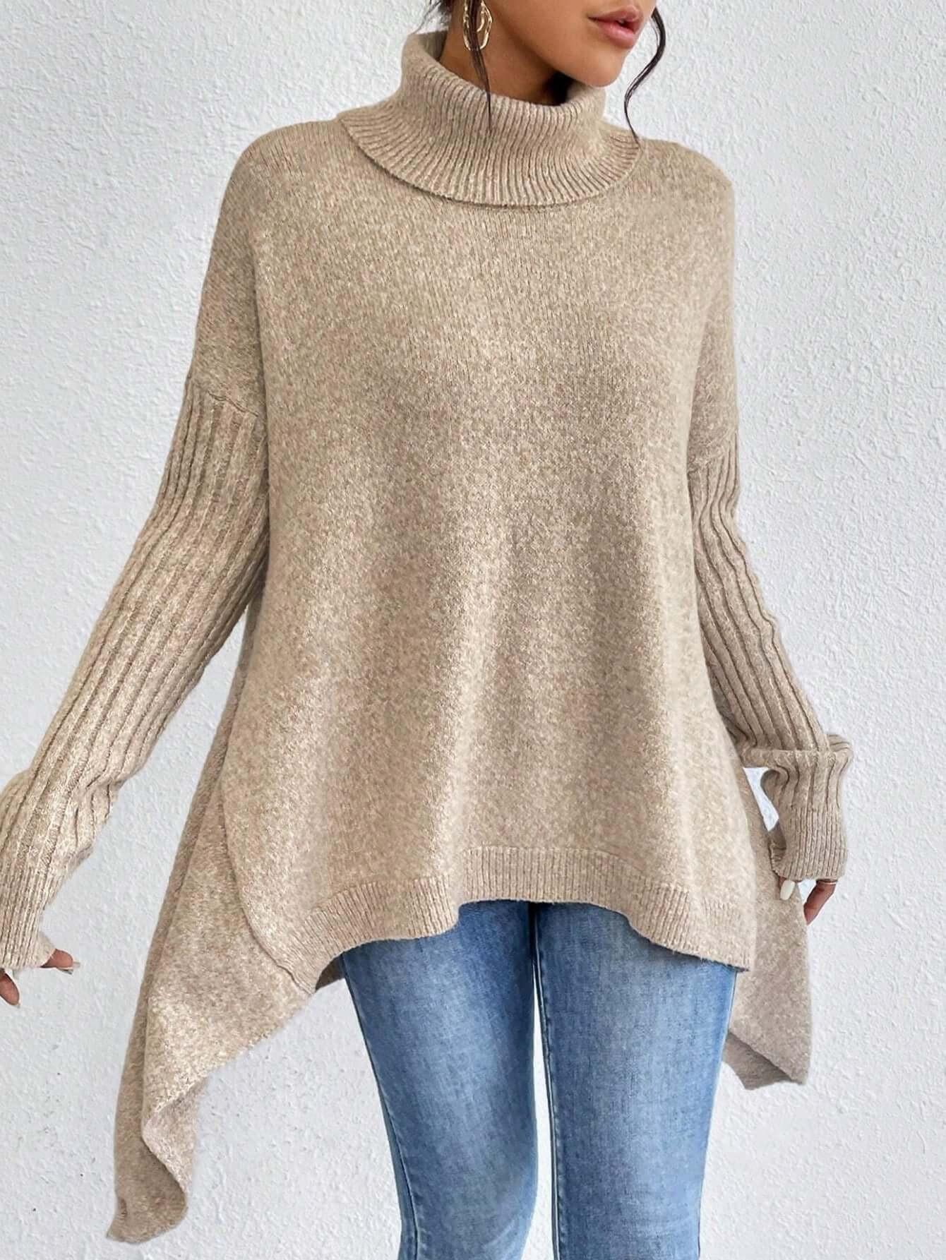 Irregular Turtleneck Sweater Winter Loose Long Sleeve Knitted Tops Leisure Warm Pullover Sweater Women&