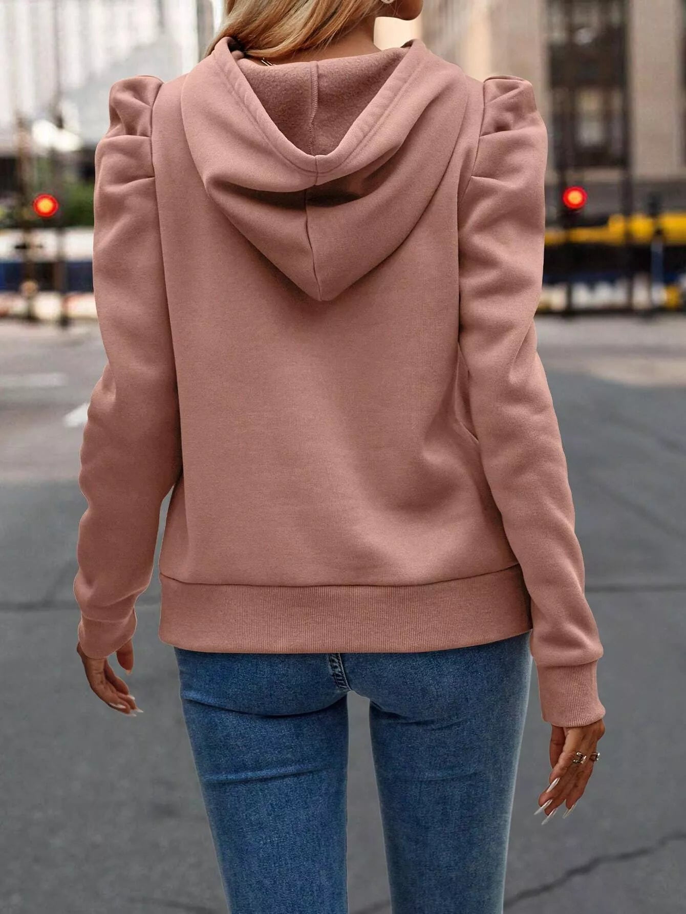 Puff Sleeve Hoodie with Drawstring.