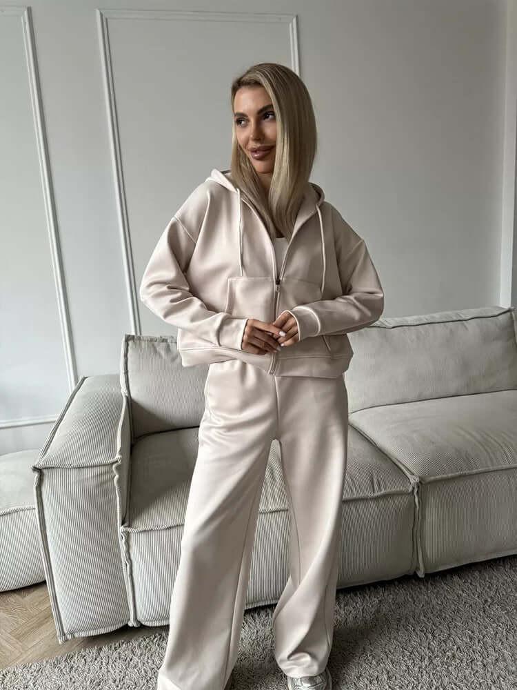 European And American Solid Color Long Sleeve Zipper Cardigan Hoodie Lace-up Trousers Two-piece Set.