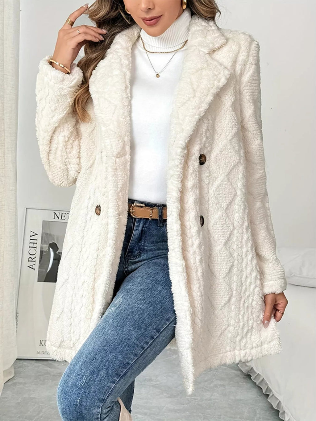 Fleece Double-Breasted Longline Coat.