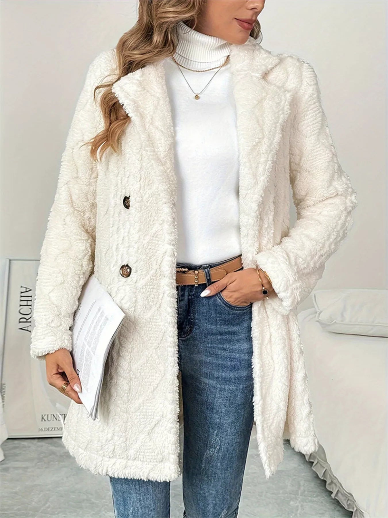 Fleece Double-Breasted Longline Coat.