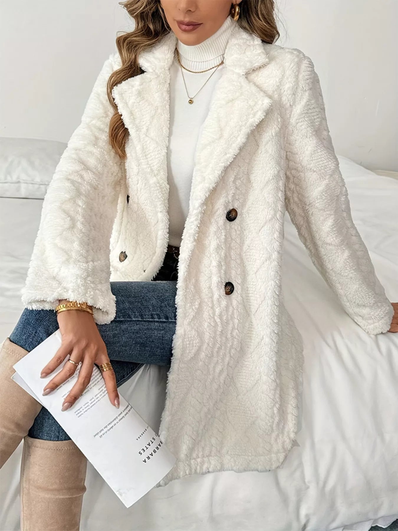 Fleece Double-Breasted Longline Coat.
