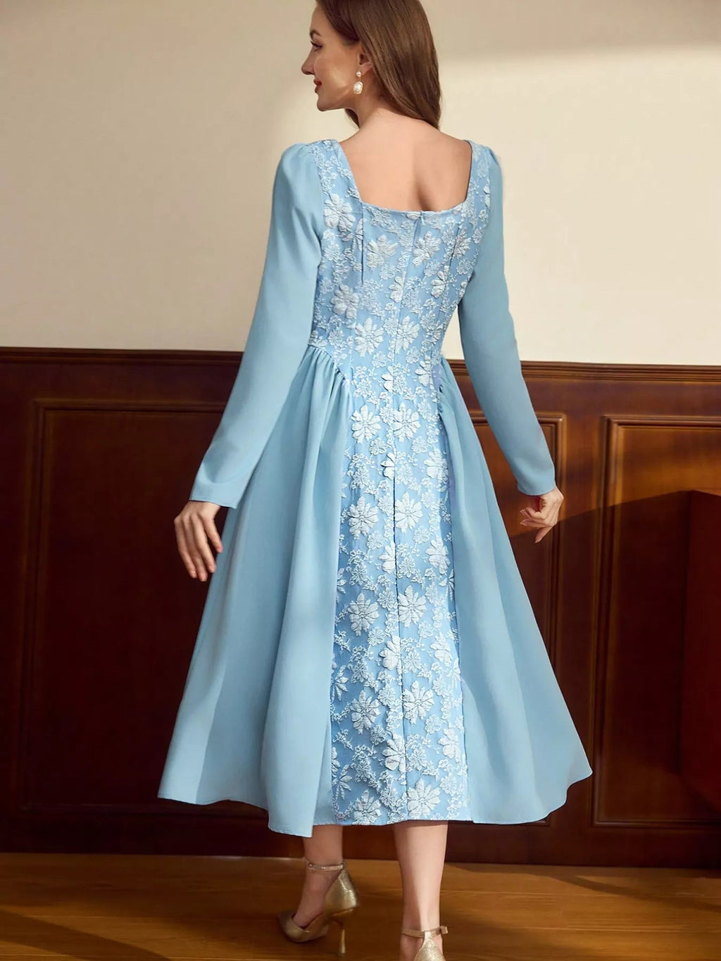 Floral Embroidered Long Sleeve A-Line Dress.