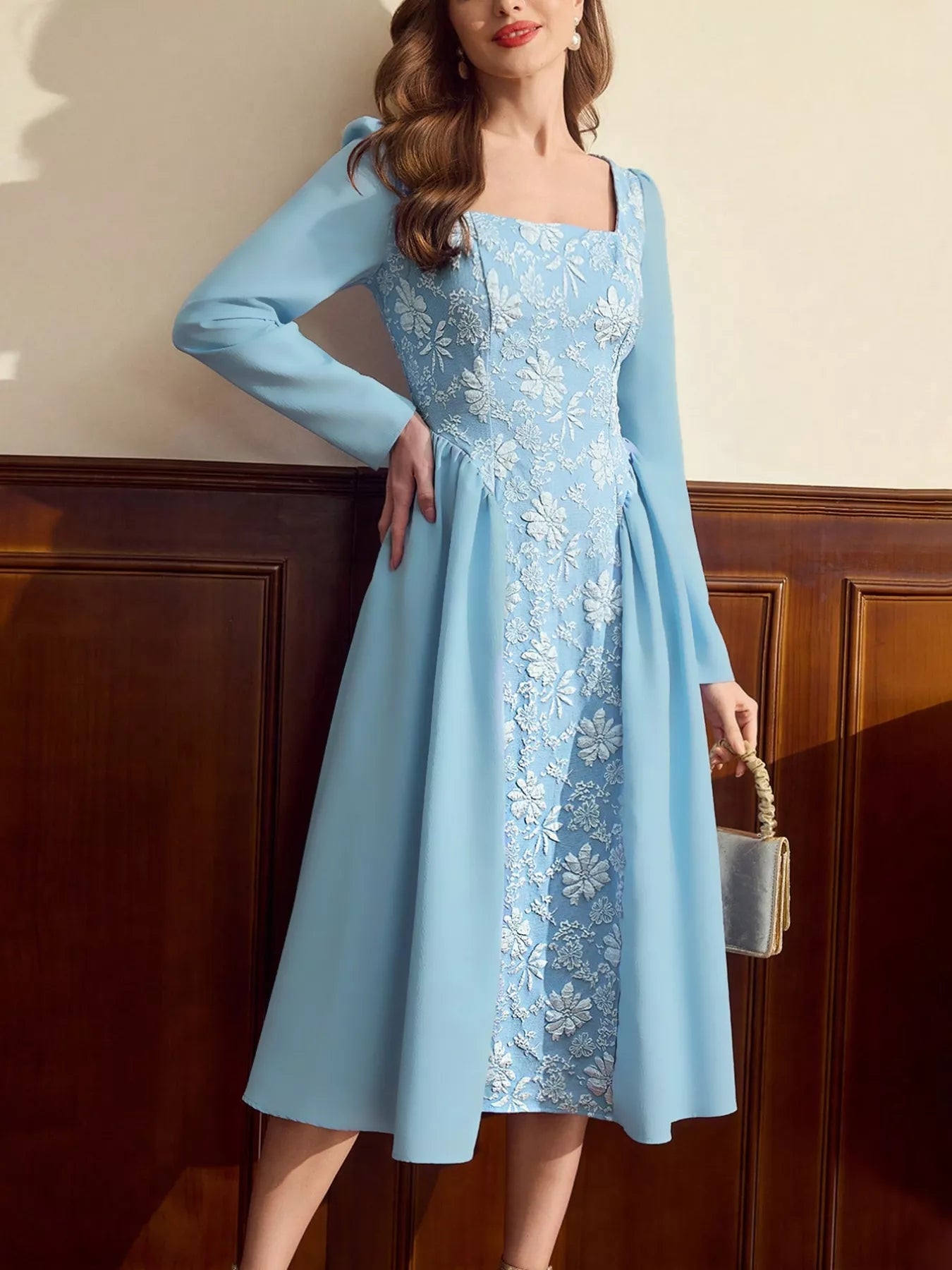 Floral Embroidered Long Sleeve A-Line Dress.