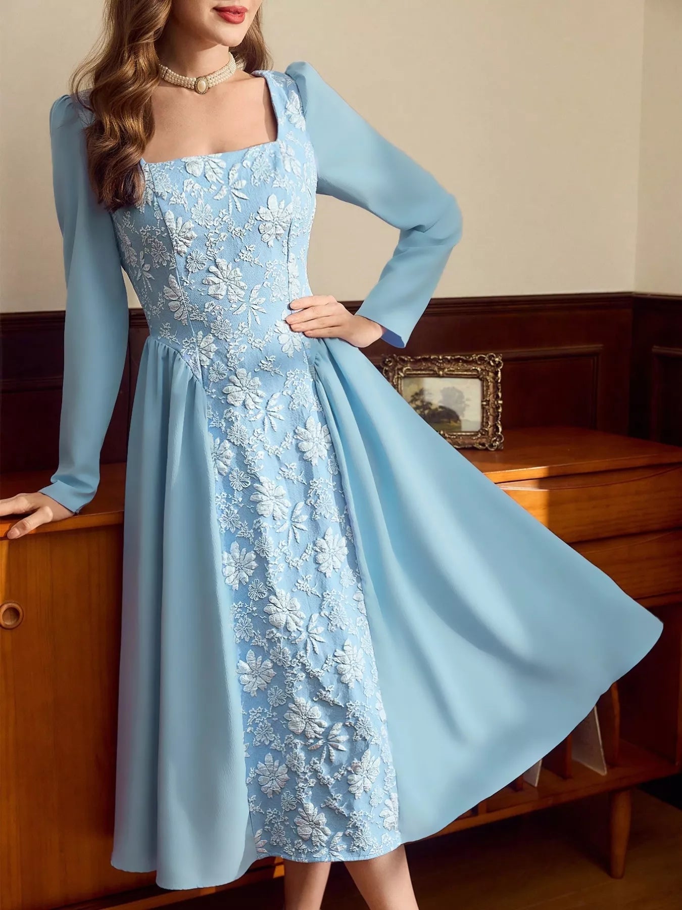 Floral Embroidered Long Sleeve A-Line Dress.