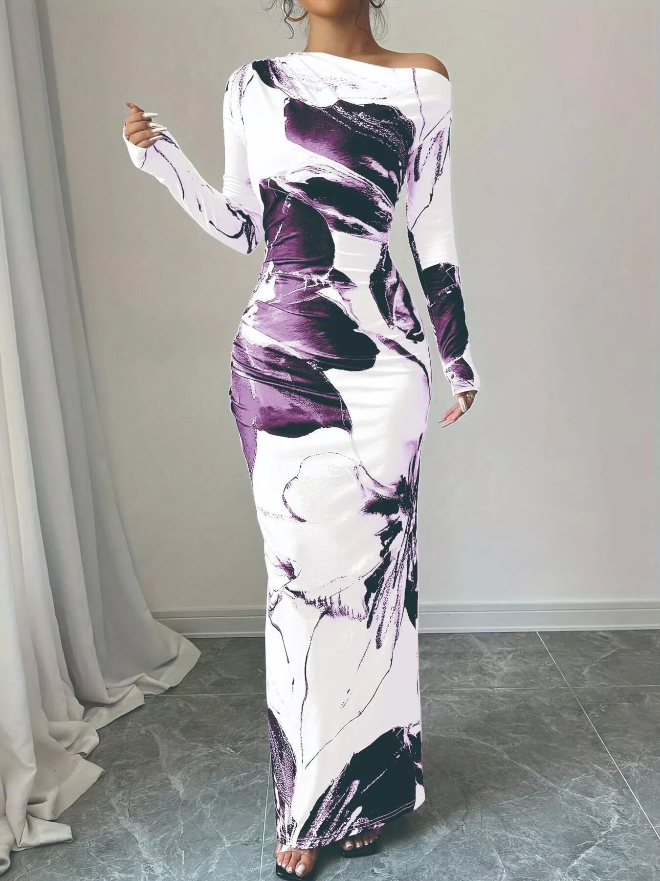 Floral One Shoulder Long Sleeve Maxi Dress.