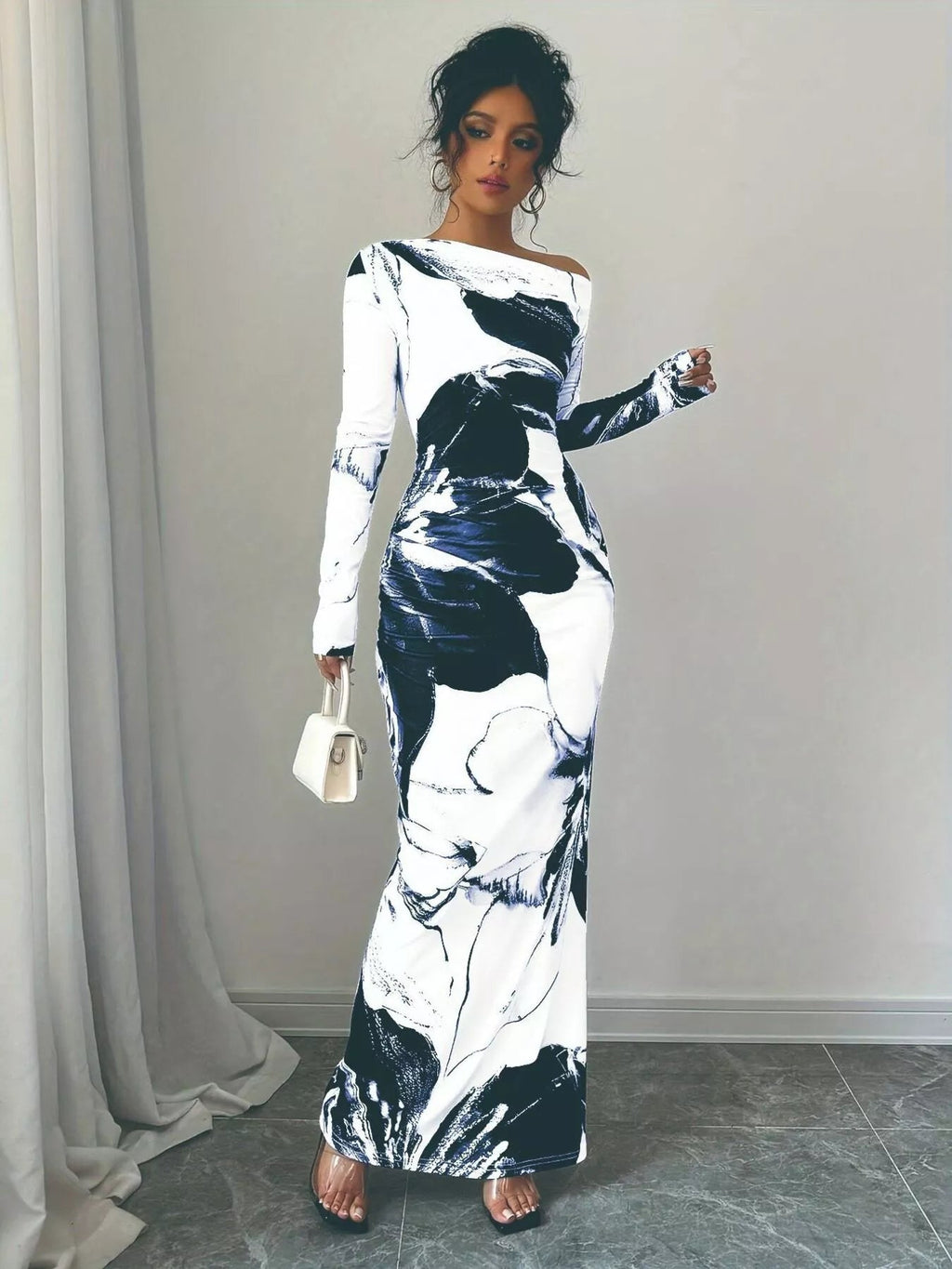 Floral One Shoulder Long Sleeve Maxi Dress.
