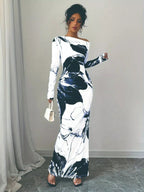 Floral One Shoulder Long Sleeve Maxi Dress.