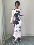 Floral One Shoulder Long Sleeve Maxi Dress.