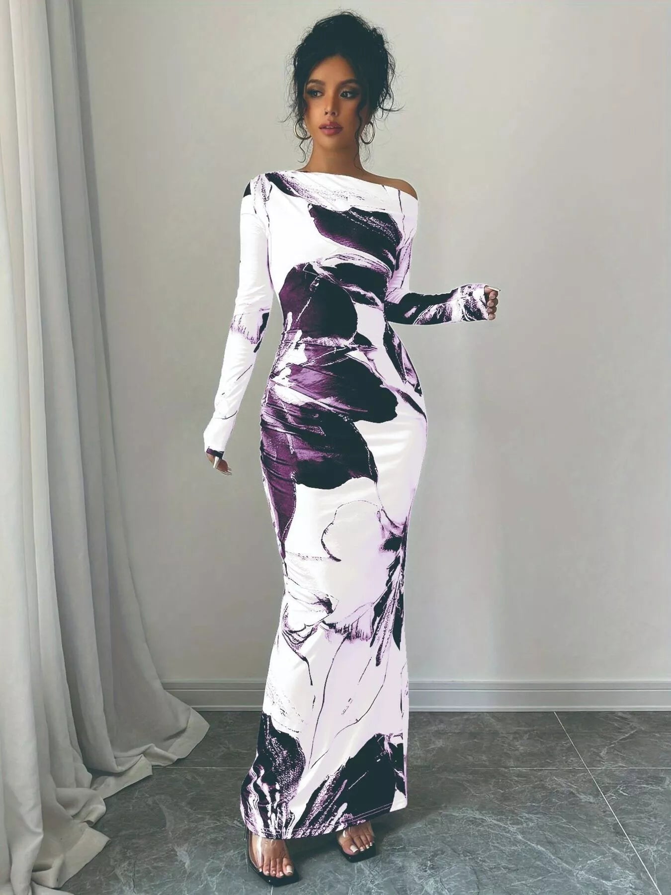 Floral One Shoulder Long Sleeve Maxi Dress.