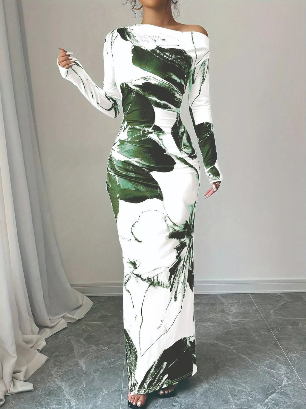 Floral One Shoulder Long Sleeve Maxi Dress.