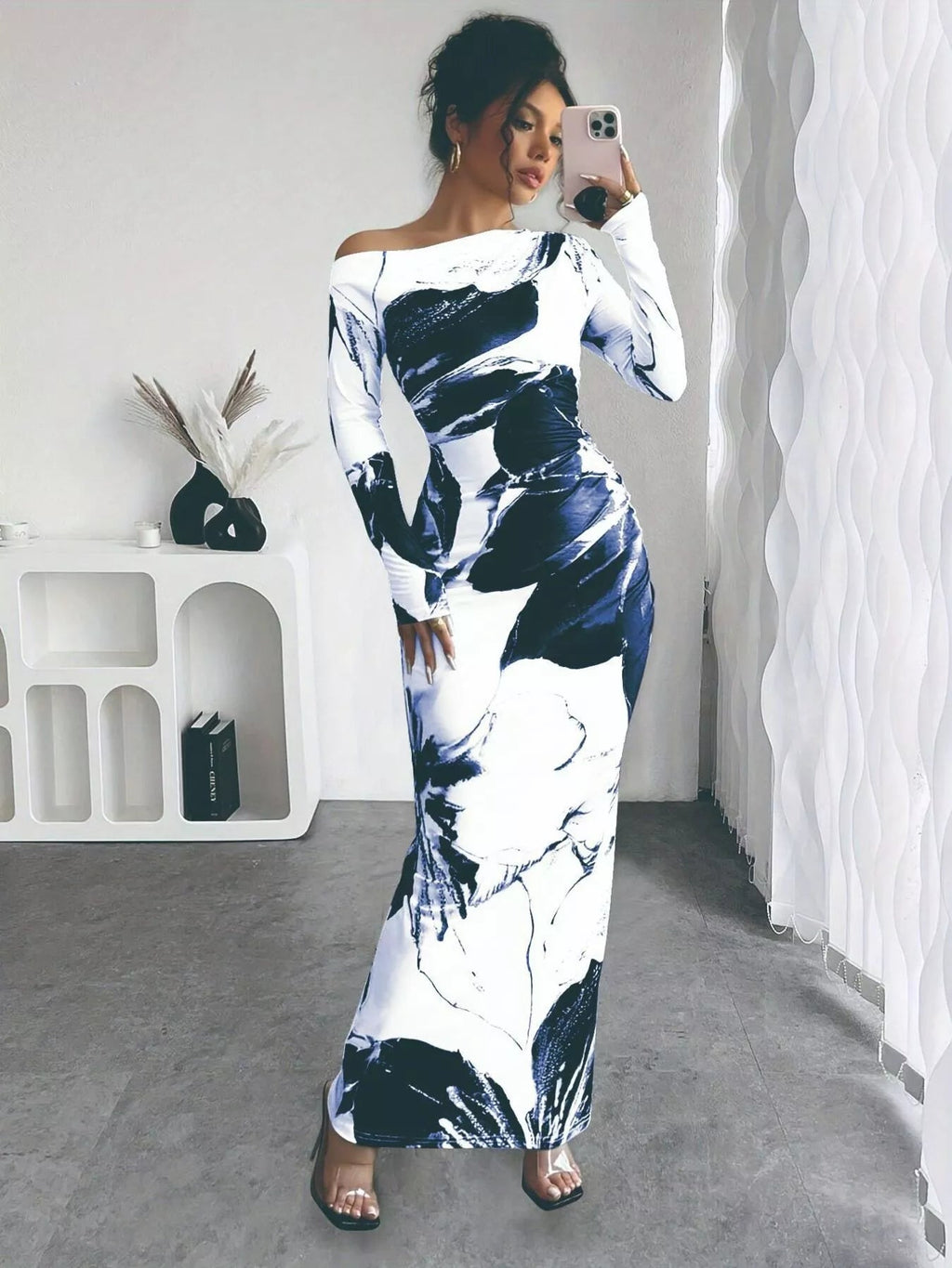 Floral One Shoulder Long Sleeve Maxi Dress.