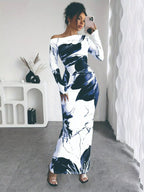 Floral One Shoulder Long Sleeve Maxi Dress.