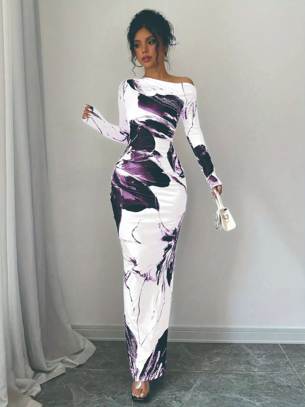 Floral One Shoulder Long Sleeve Maxi Dress.