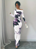Floral One Shoulder Long Sleeve Maxi Dress.