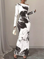 Floral One Shoulder Long Sleeve Maxi Dress.