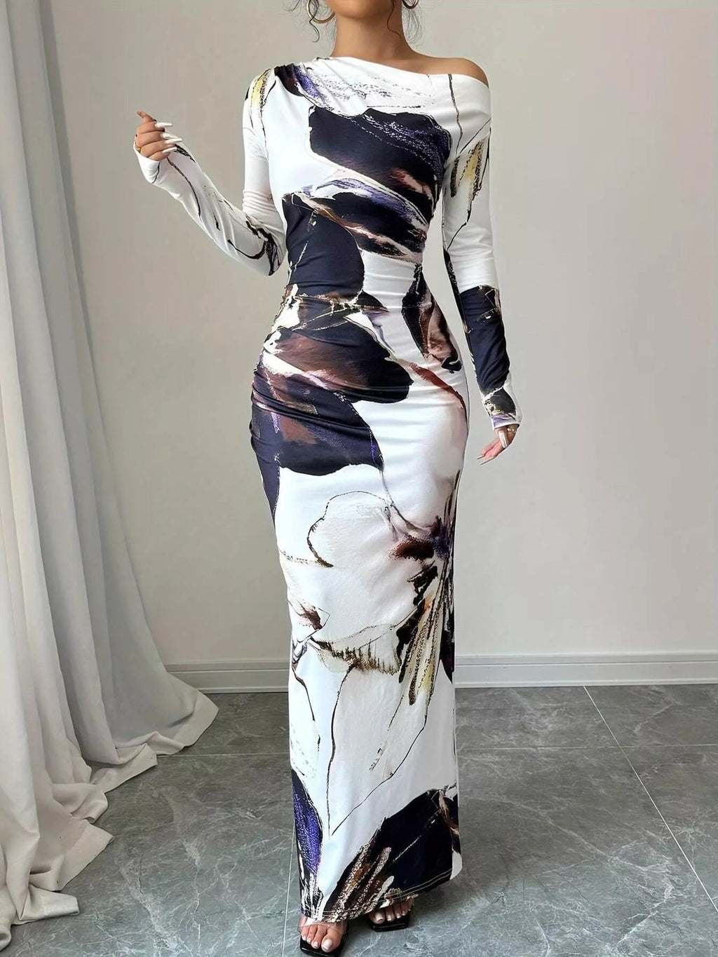 Floral One Shoulder Long Sleeve Maxi Dress.