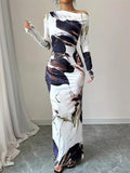 Floral One Shoulder Long Sleeve Maxi Dress.