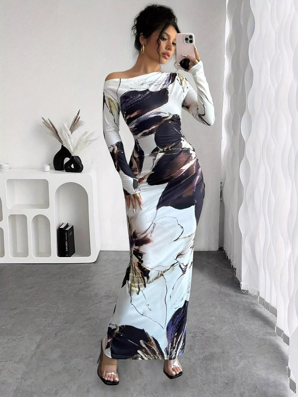 Floral One Shoulder Long Sleeve Maxi Dress.